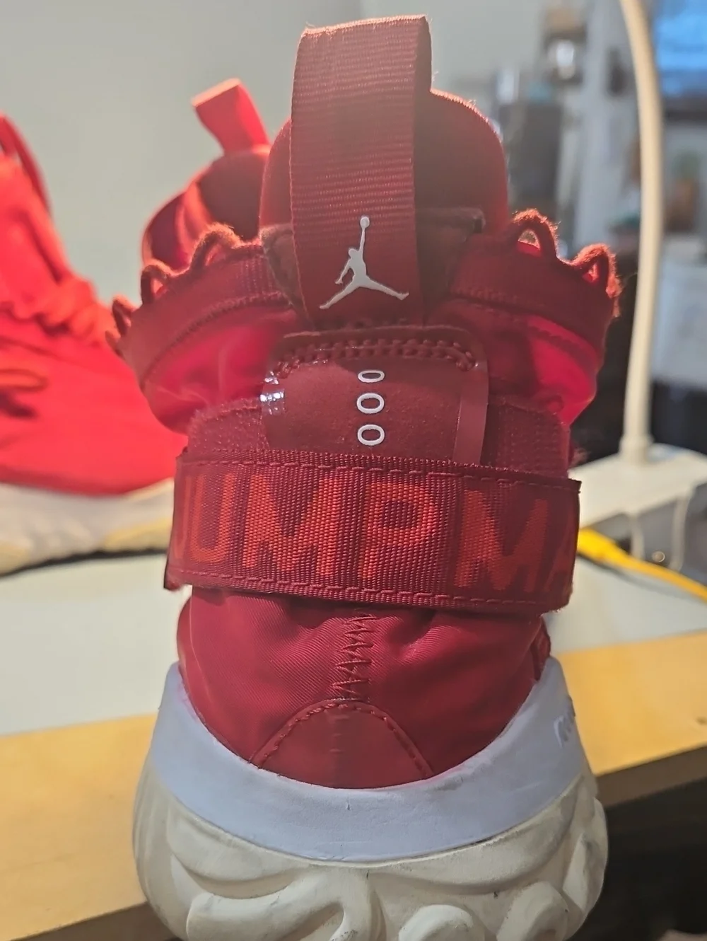 Jordan Red Strap High-Top Sneaker with White Sole Bin 12